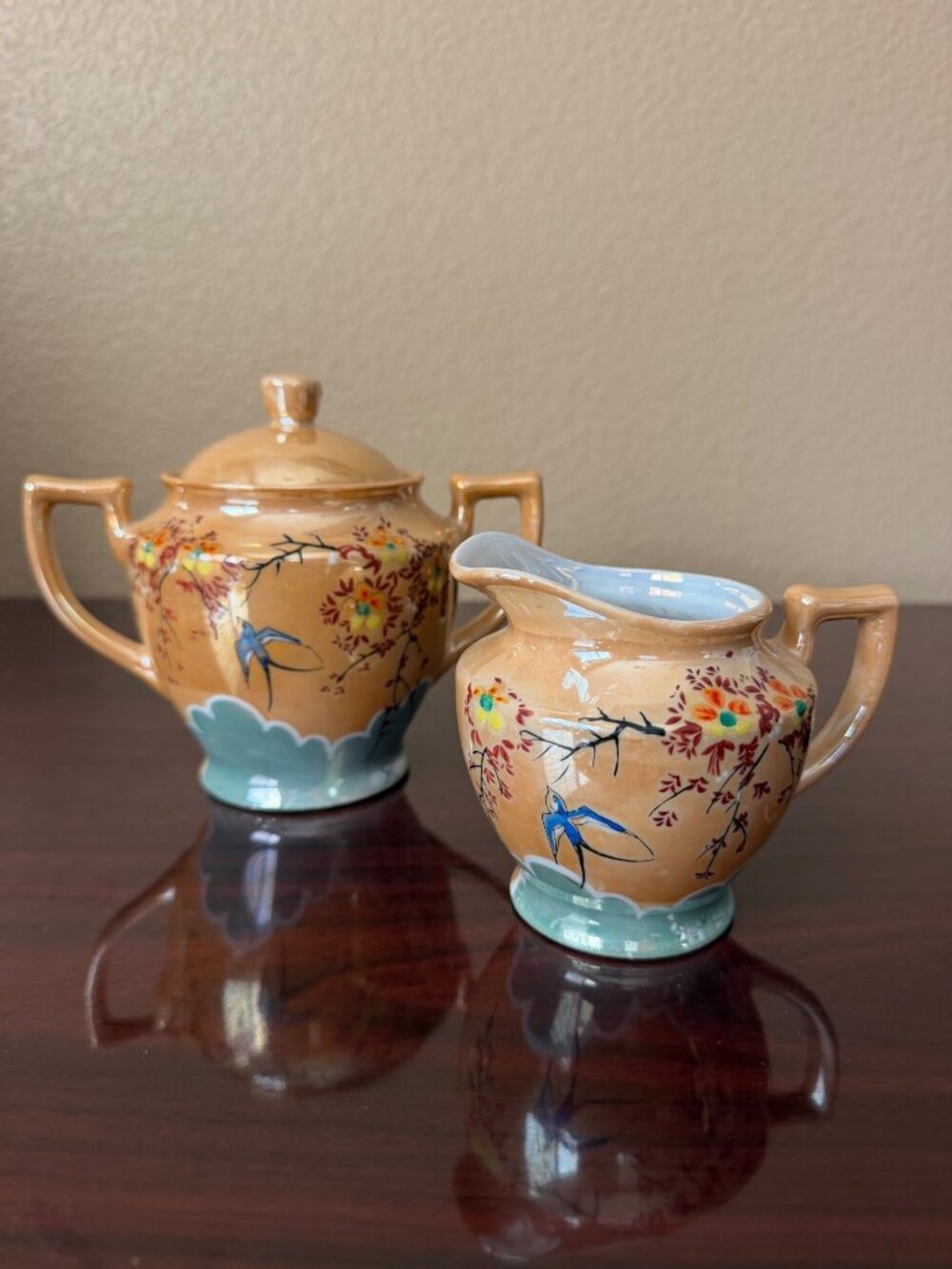 Vintage Hand Painted Japanese Peach Lusterware Sugar Bowl & Creamer Set Bluebird